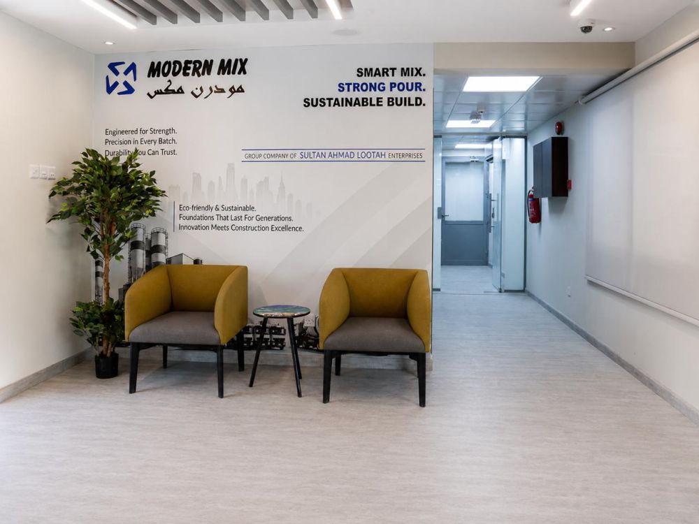 Modern Mix branded entrance wall reading Smart Mix, Strong Pour, Sustainable Build